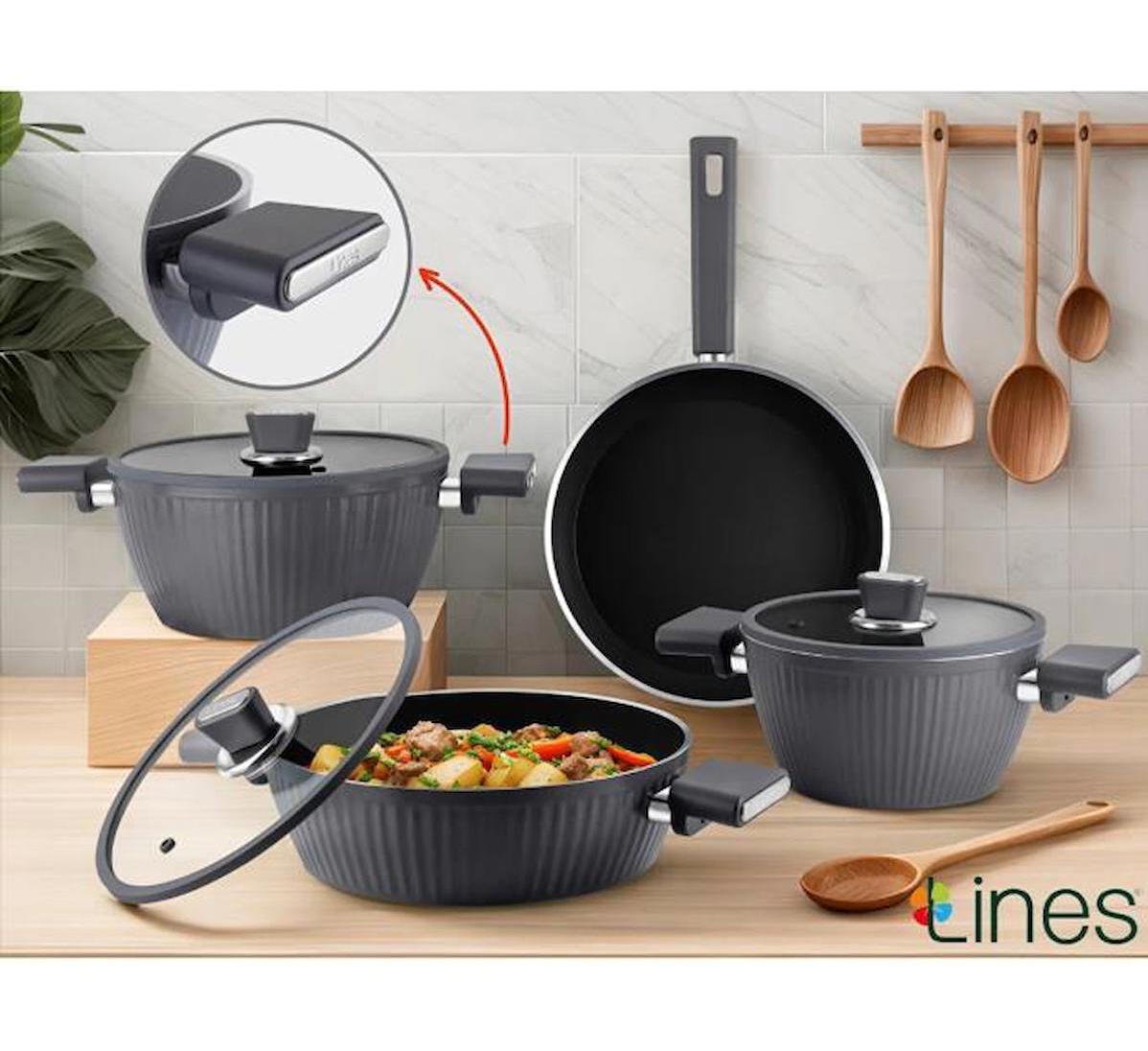 Lines Kristal 7 Parça Cam Kapaklı Bakalit Saplı Seramik Tencere ve Tava Seti