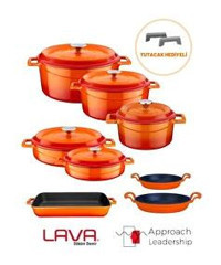 Lava Trendy Turuncu 13 Parça Döküm Kapaklı Döküm Saplı Döküm Tencere ve Tava Seti