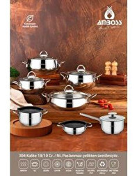 Amboss 14 Parça Cam Kapaklı Çelik Saplı Çelik Tencere Seti