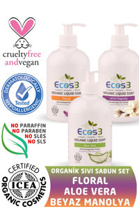 Ecos3 karışık Aloe Vera-Floral-Beyaz Manolya Nemlendiricili Organik 3'lü 500 ml Sıvı Sabun