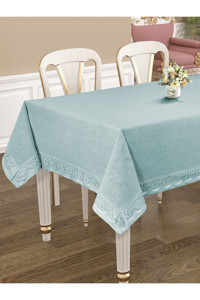 Tropikhome Şık Dantel Detaylı Keten 150x220 cm Dikdörtgen Masa Örtüsü Mavi