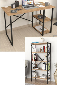Bofigo Kitaplıklı 75x34x120 cm Metal-Yonga Levha Gövdeli Ceviz-Siyah Çalışma Masası