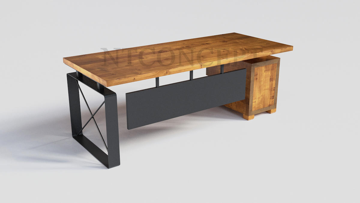 Ntconcept Ken Kitaplıklı Çekmeceli 76x100x100 cm Ahşap Gövdeli Metal Ayaklı Ceviz Çalışma Masası