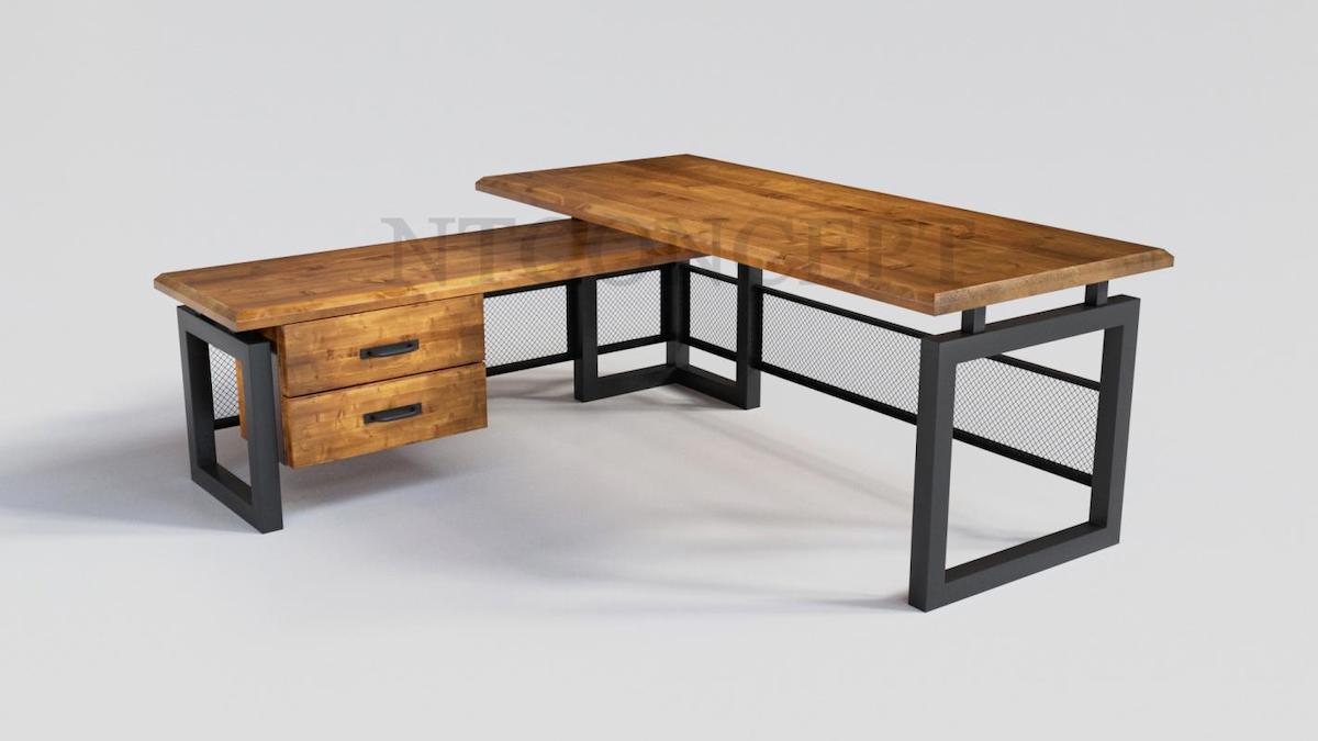 Ntconcept Loa Çekmeceli 76x100x100 cm Ahşap-Metal Gövdeli Kahverengi-Siyah Çalışma Masası