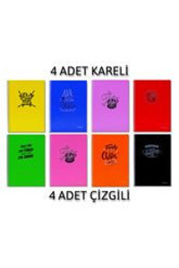 Sim A4 72 Yaprak Kareli Telli Sert Kapak 8'li Okul Defteri Çok Renkli