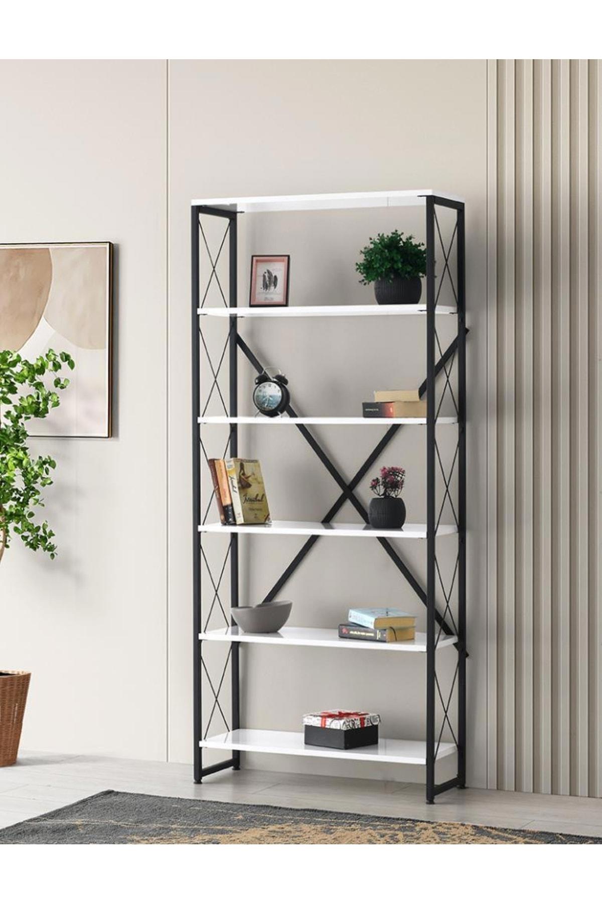 Ferforje 5 Raflı Ahşap 80x180x30 cm Beyaz