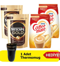 Nescafe Gold Paket Granül Kahve 2x200 gr + Nestle Coffee Mate Kahve Kreması 2x500 gr + Thermomug