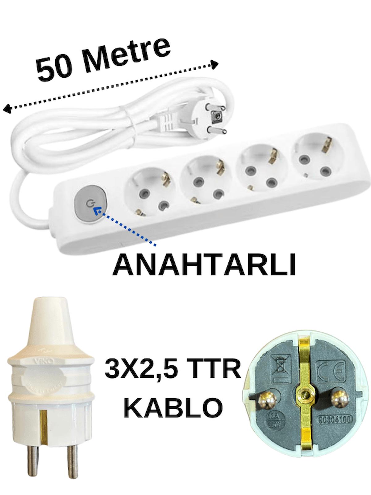 Avarson 3500 W Kalın Topraklı Anahtarlı 4'lü 50 m Uzatma Kablosu Beyaz