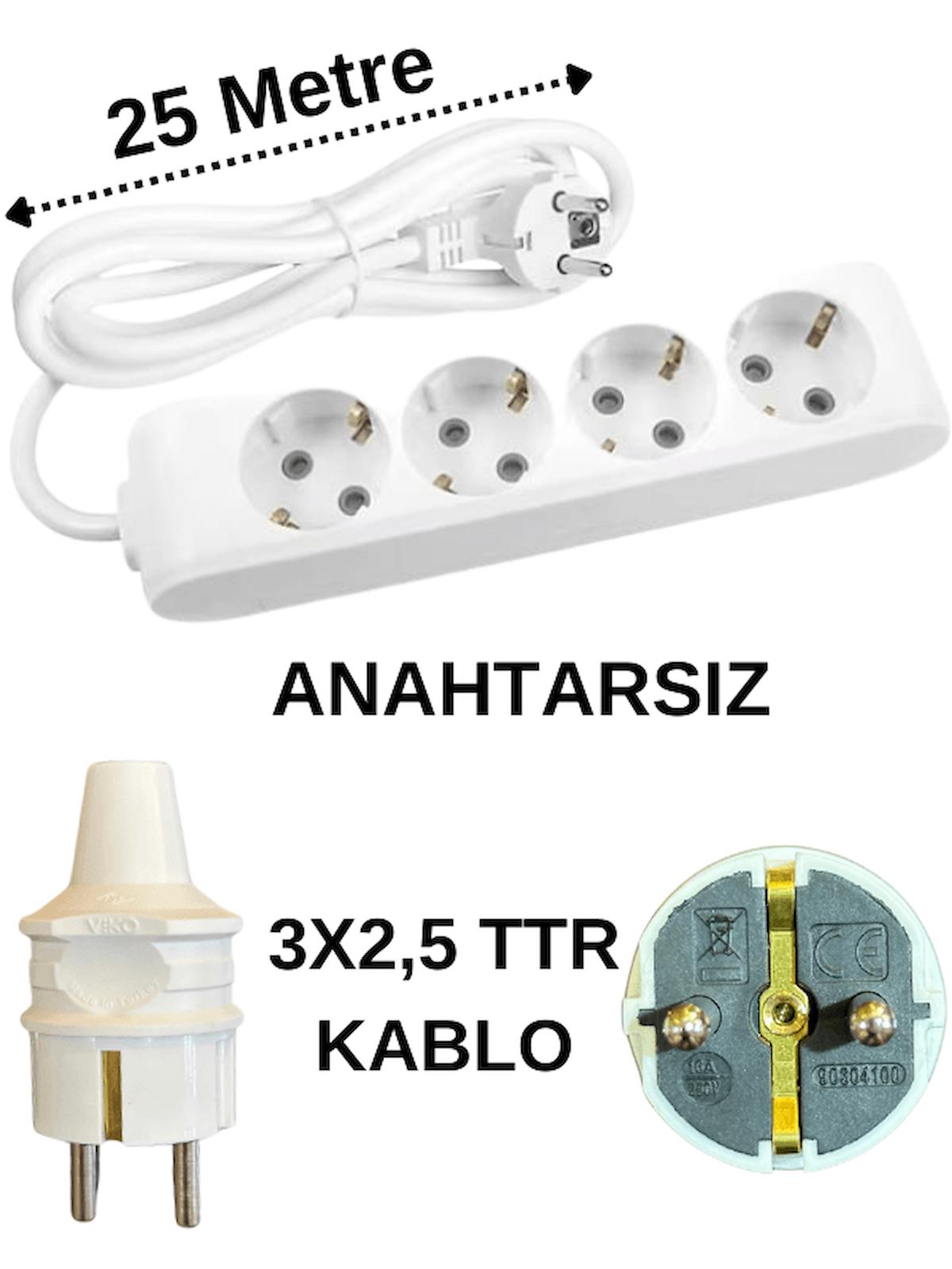 Avarson 3500 W Kalın Topraklı 4'lü 25 m Uzatma Kablosu Beyaz