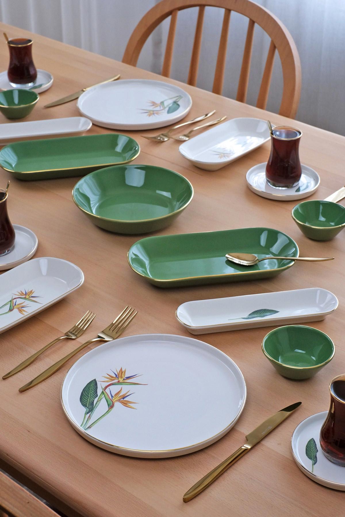 Glore Strelitzia 41 Parça 6 Kişilik Beyaz-Yeşil Desenli Seramik Kahvaltı Takımı