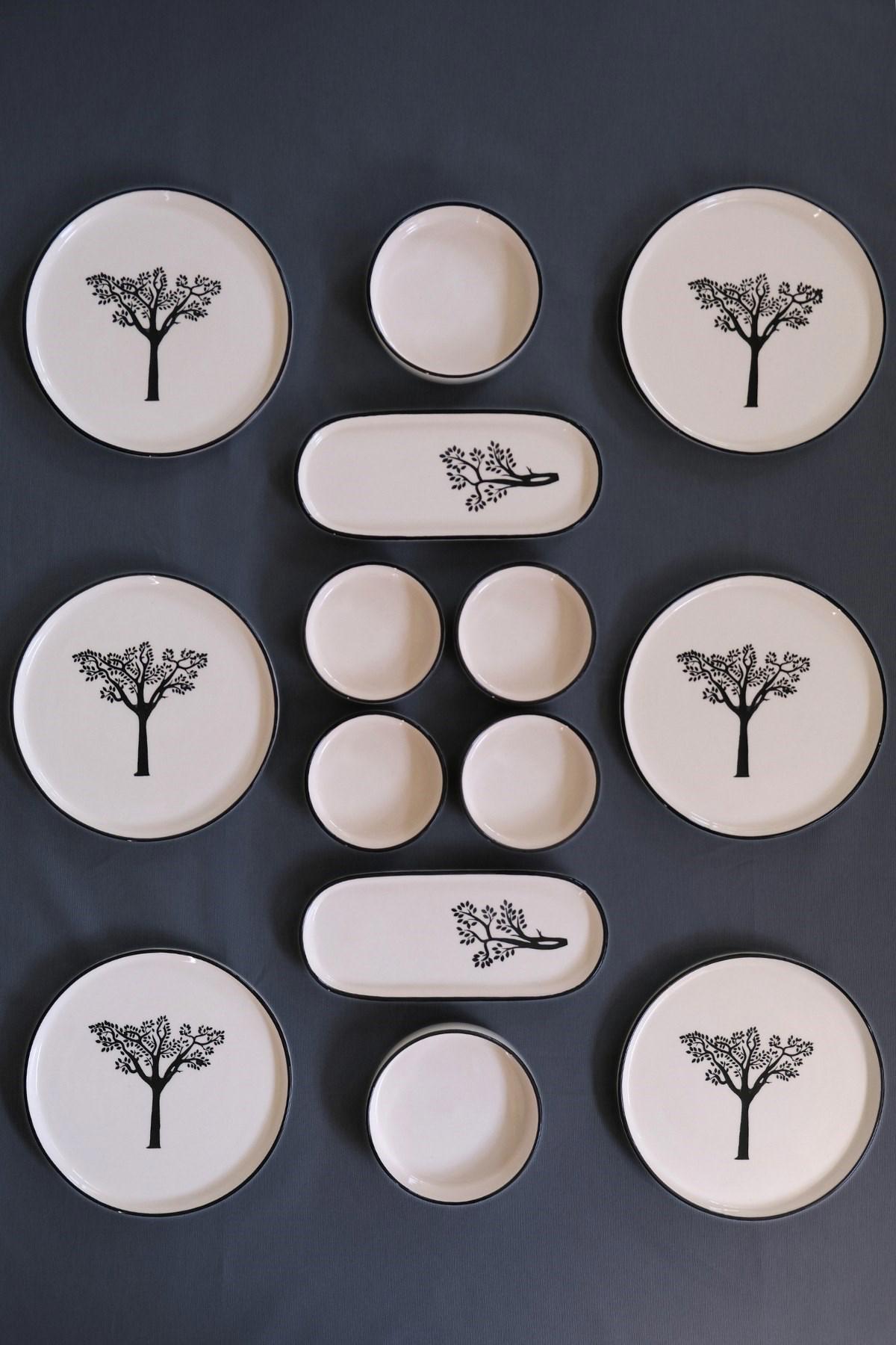 Jamour Boabab Handmade Boabab 14 Parça 6 Kişilik Beyaz-Siyah Desenli Seramik Kahvaltı Takımı