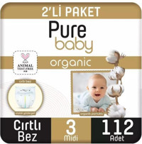 Pure Baby Pamuklu Midi 3 Numara Organik Cırtlı Bebek Bezi 2x112'li