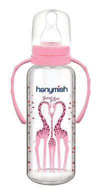 Hanymish No:1 Cam Yavaş Akışlı Kulplu 0-6 Ay Desenli Pembe Biberon 240 ml