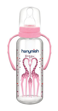 Hanymish 402 Cam Yavaş Akışlı Kulplu 0-6 Ay Desenli Pembe Biberon 240 ml