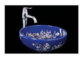 Lena E-6001 Dekoratif Tekli 45 cm Granit Tezgah Üstü Oval Lavabo Mavi