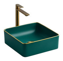 Lena E-4070Y Dekoratif Tekli 40 cm Porselen Tezgah Üstü Kare Lavabo Yeşil