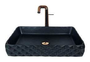 Lena Bb-100 Dekoratif Tekli 60 cm Porselen Tezgah Üstü Dikdörtgen Lavabo Siyah