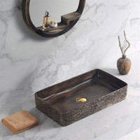 Lena E-4061K Dekoratif Tekli 60 cm Porselen Tezgah Üstü Dikdörtgen Lavabo Kahverengi