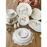 Rossev Flowers Bird 29 Parça 6 Kişilik Desenli Porselen Yuvarlak Yemek Takımı