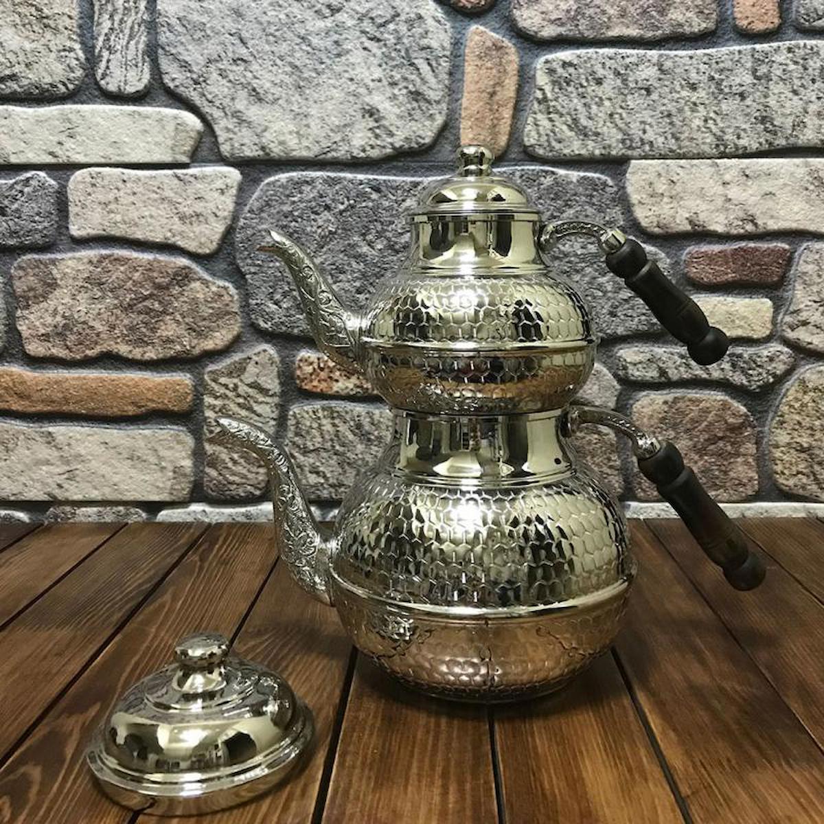 Efemir Bal Peteği Modelli Bakır Çaydanlık Gümüş