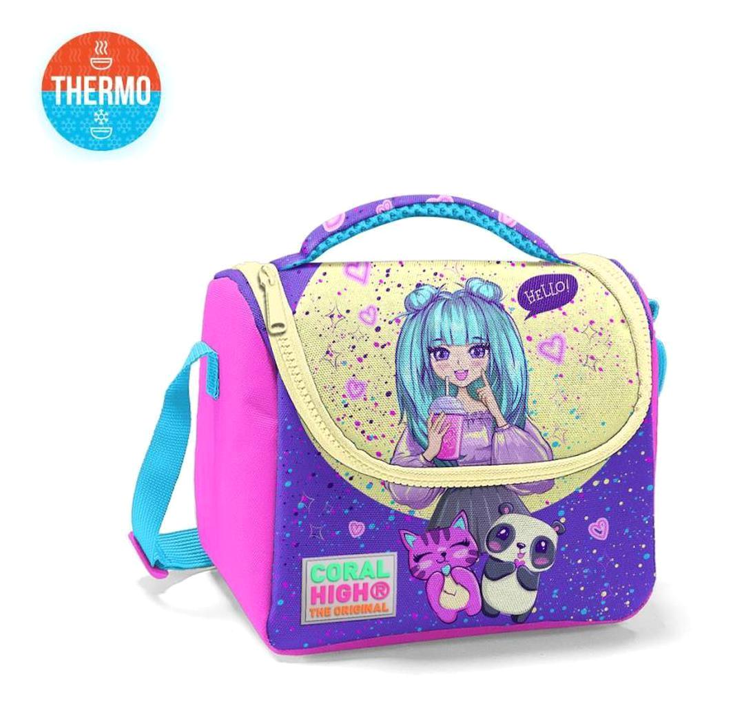 Coral High 11735 Anime Desenli Termoslu Anime Mor - Pembe Beslenme Çantası