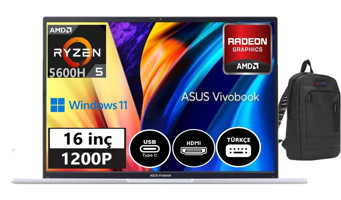 Asus Vivobook 16X VM1603QA17 Dahili AMD Radeon RX Vega 7 AMD Ryzen 5 5600H 8 GB Ram 256 GB SSD 16 inç Full HD Windows 11 Home Laptop + Çanta