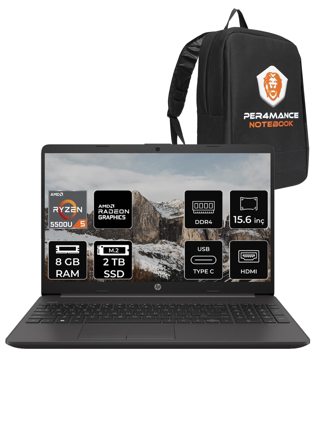 HP 255 G8 7N4W6AA Dahili AMD Radeon Graphics AMD Ryzen 5 5500 8 GB Ram 2 TB SSD 15.6 inç Full HD FreeDos Laptop + PER4 Çanta