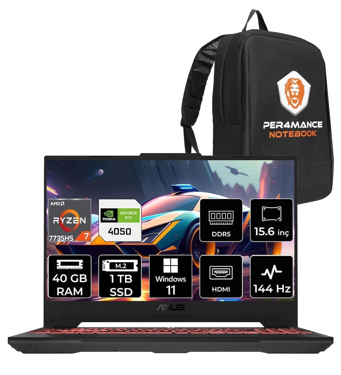 Asus TUF Gaming A15 LP053 Harici GeForce RTX 4050 AMD Ryzen 7 7735HS 40 GB Ram 1 TB SSD 15.6 inç Full HD Windows 11 Pro Oyuncu Laptop + PER4 Çanta