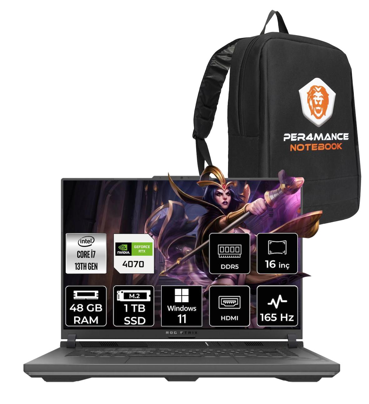 Asus ROG Strix G16 N3127 Harici GeForce RTX 4070 Intel Core i7 13650HX 48 GB Ram 1 TB SSD 16 inç Full HD Windows 11 Home Oyuncu Laptop + PER4 Çanta