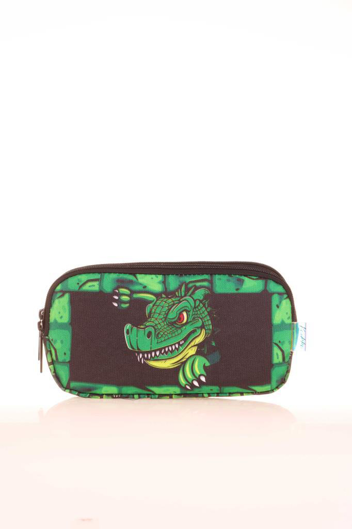 Kaukko Kids Square Crocodile L8165 Yeşil-Siyah Desenli Bez Bölmeli 3 Gözlü Dikdörtgen Cüzdan Kalemlik