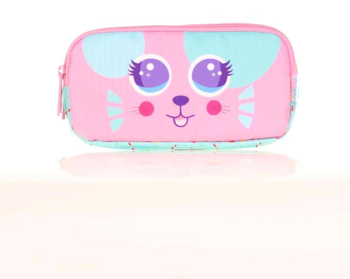 Kaukko Kids Cute Face Mouse L8145 Pembe Desenli Bez Bölmeli 3 Gözlü Dikdörtgen Cüzdan Kalemlik