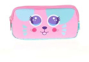 Kaukko Kids&Love Cute Face Cat L8118 Mavi-Pembe Desenli Bez Bölmeli 3 Gözlü Dikdörtgen Cüzdan Kalemlik