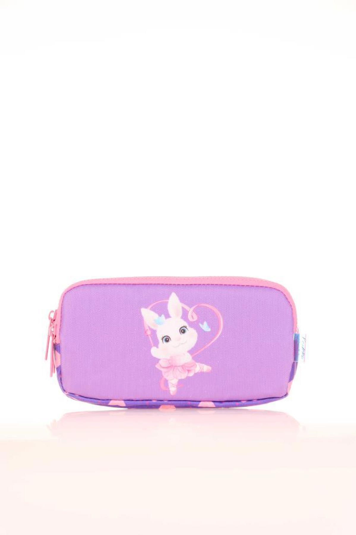 Kaukko Kids Cube Rabbit L8161 Mor Desenli Bez Bölmeli 3 Gözlü Dikdörtgen Cüzdan Kalemlik
