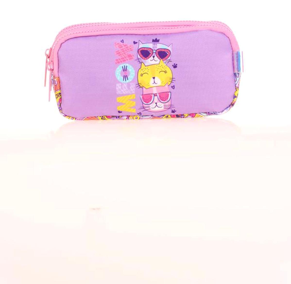 Kaukko Cube Cat L8162 Lila Baskılı Bez Bölmeli 3 Gözlü Dikdörtgen Cüzdan Kalemlik