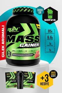 Run Nutrition Çilek Aromalı 30 Servis Kilo Aldırıcı Gainer 3000 gr Toz + Shaker + Whey Protein Tozu 2 Adet