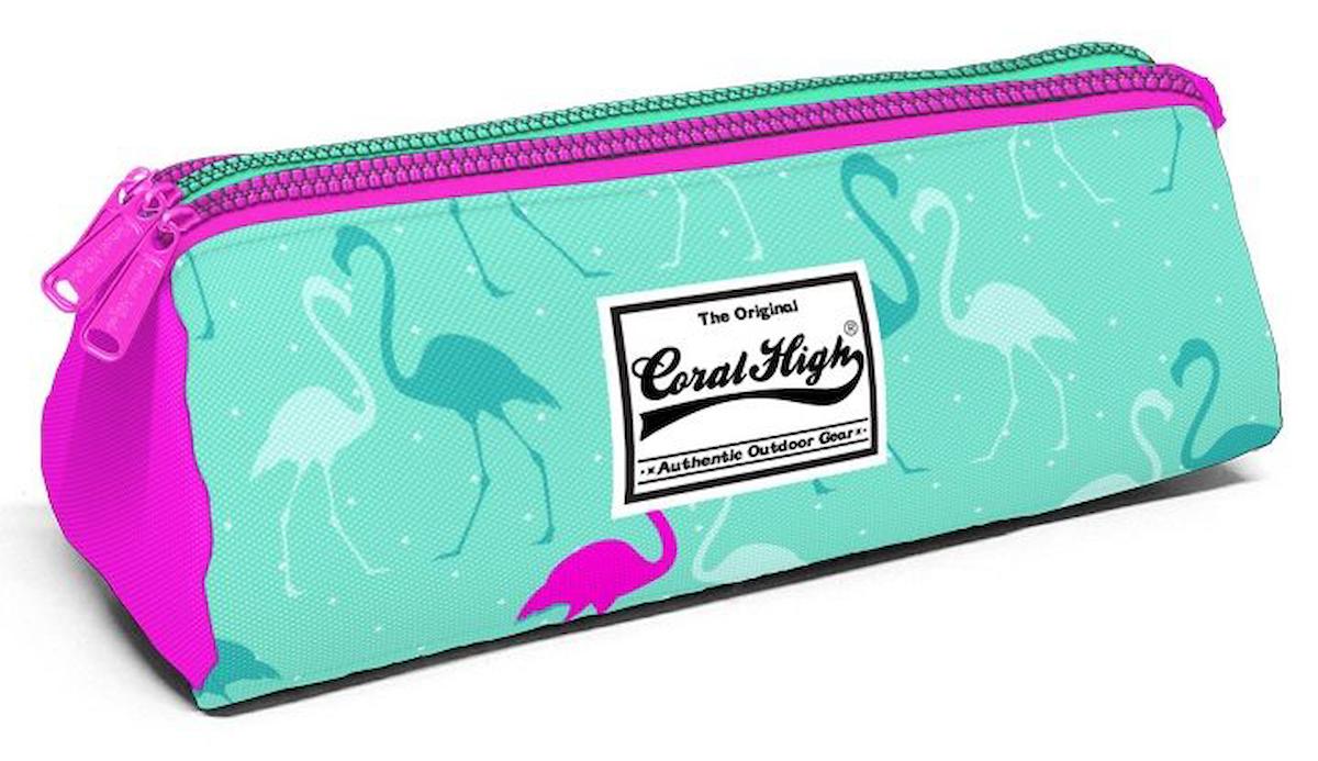 Coral High Flamingo Pembe-Su Yeşili Desenli Bez Bölmeli 3 Gözlü Üçgen Cüzdan Kalemlik