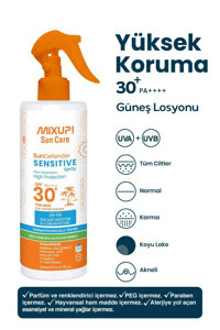 Mixup Sensitive Spray 30 Faktör Tüm Ciltler İçin Leke Karşıtı Nemlendirici Mineral Filtreli Yağsız Suya Dayanıklı Vücut Güneş Losyonu 200 ml