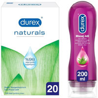 Durex Naturals İnce Prezervatif 20'li+ Durex Play Kayganlaştırıcı Masaj Jeli Aloe Vera 200 ml