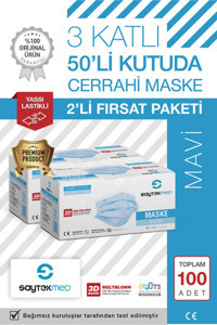 Saytekmed Tek Kullanımlık 3 Katlı Lastikli Telli 150'li Yetişkin Cerrahi Maske Mavi