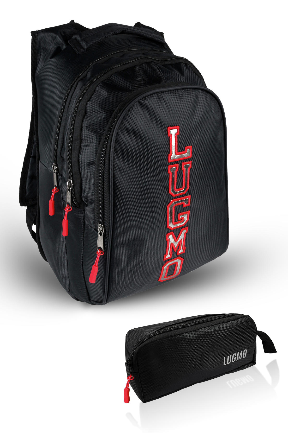 Lugmo Su Geçirmez 3 Gözlü Kırmızı-Siyah Lise-Üniversite Unisex Sırt Çantası + Kalemlik