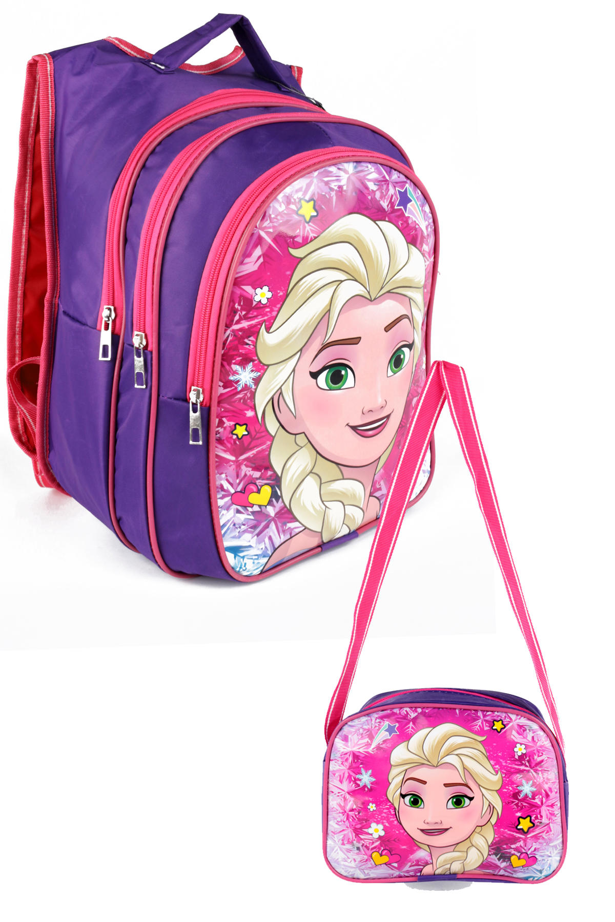 Lugmo Elsa Frozen Su Geçirmez 3 Gözlü Mor İlkokul Kız Çocuk Sırt Çantası + Beslenme Çantası
