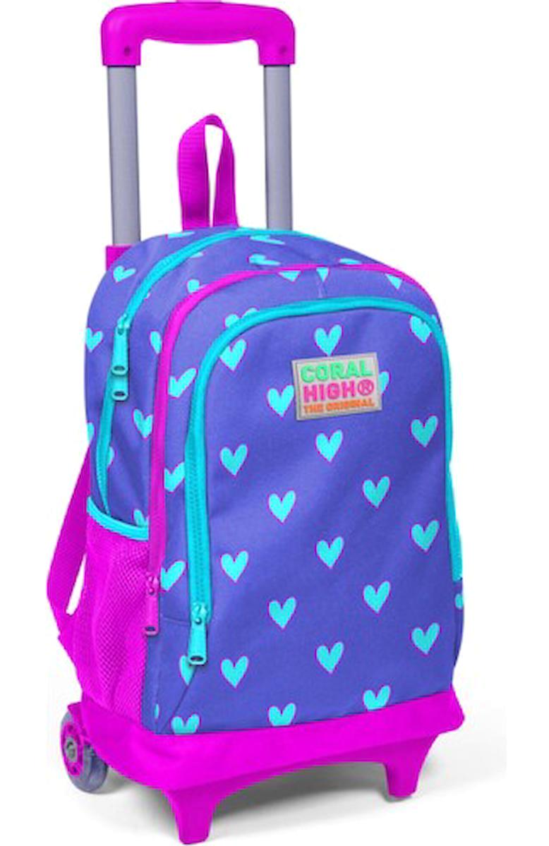 Yaygan Çanta Kids Kalp Tekerlekli 5 Gözlü Mor İlkokul Kız Çocuk Çekçekli Çantası