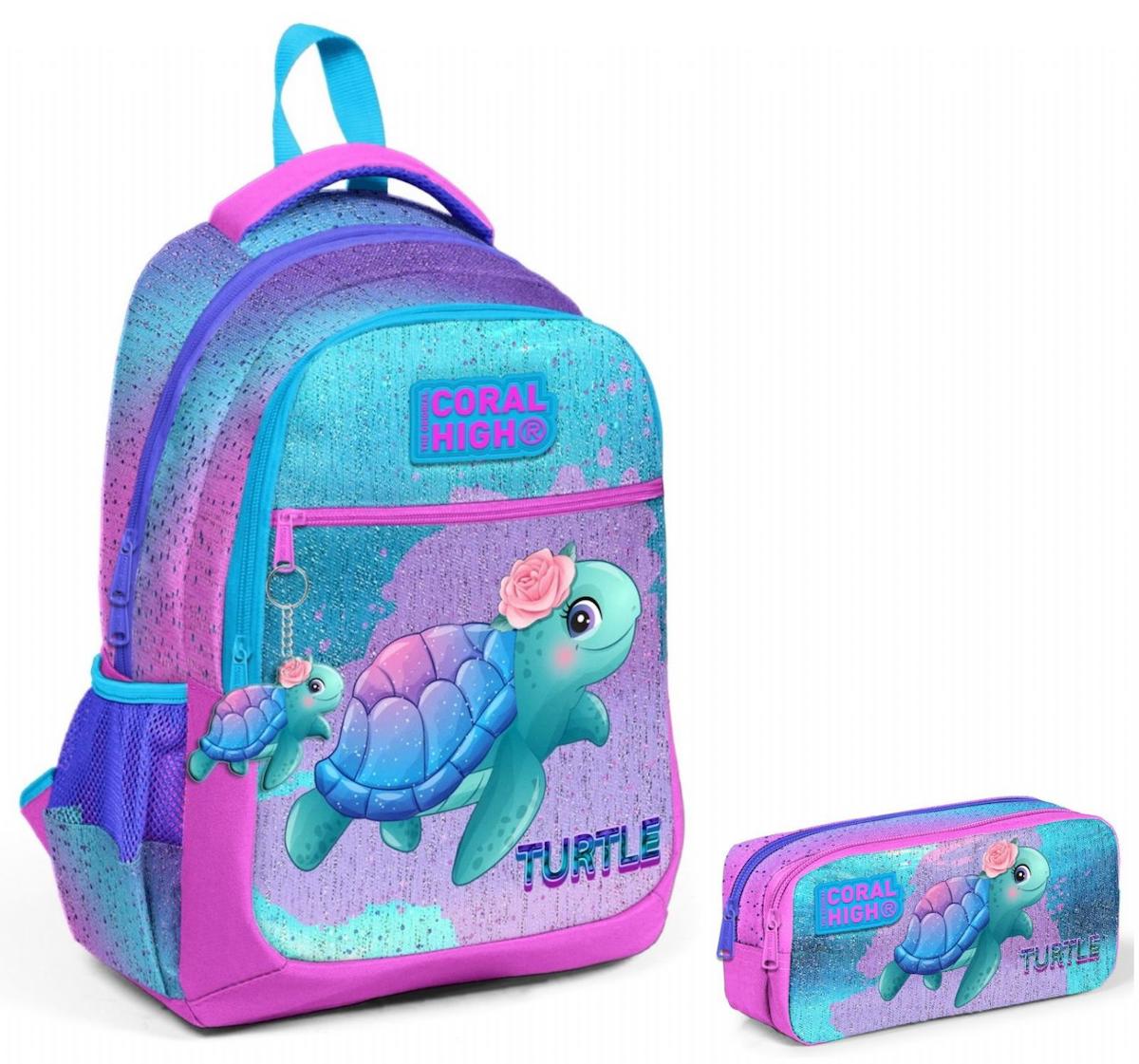 Yaygan Çanta Kids Kaplumbağa Hayvan Su Geçirmez 3 Gözlü Mavi-Pembe İlkokul Kız Çocuk Sırt Çantası + Kalemlik