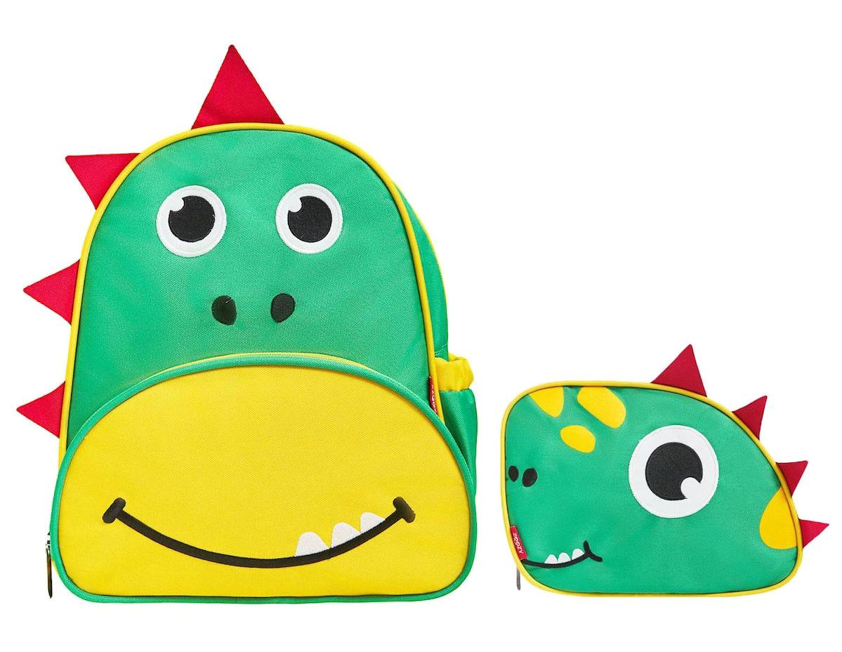 Zoozy 3194 Dinozor Hayvan 2 Gözlü Sarı-Yeşil Anaokulu Unisex Sırt Çantası + Beslenme Çantası