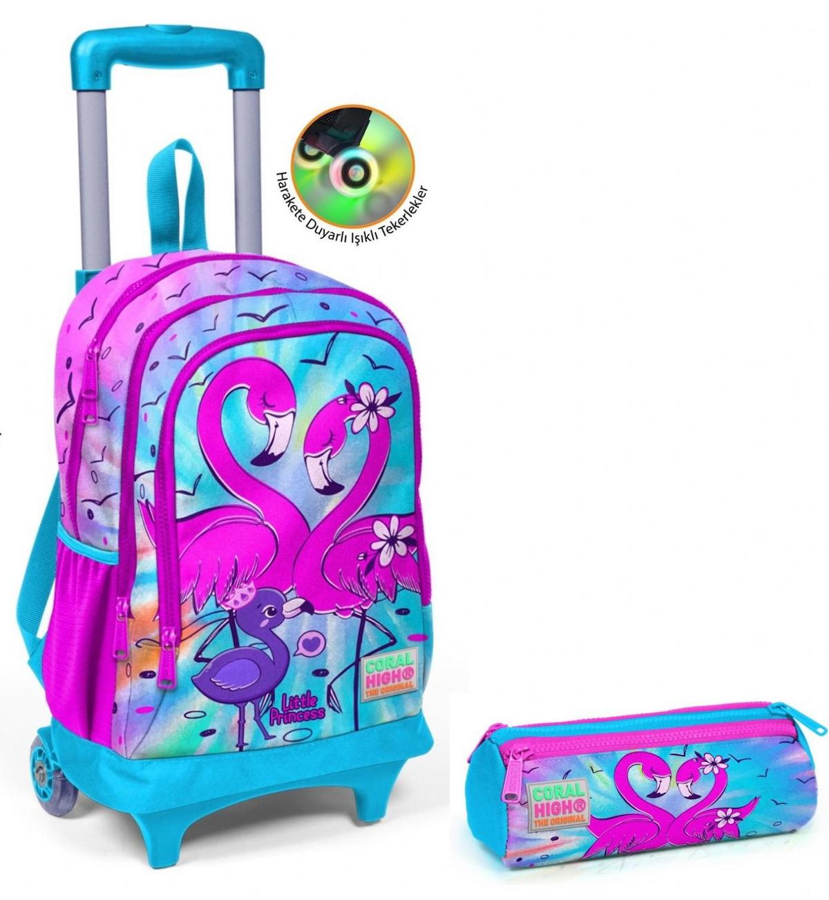 Yaygan Çanta Kids Flamingo Hayvan Tekerlekli 3 Gözlü Mavi-Pembe İlkokul Kız Çocuk Çekçekli Çantası + Kalemlik