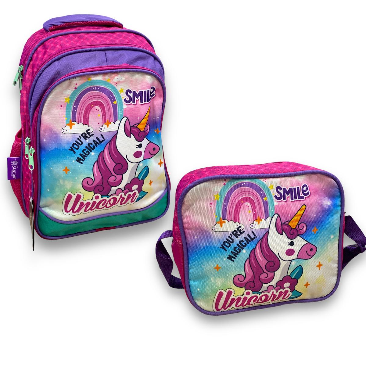 Sentor Unicorn Hayvan 3 Gözlü Pembe İlkokul Kız Çocuk Sırt Çantası + Beslenme Çantası