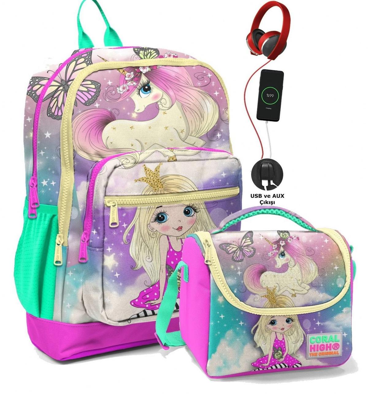 Yaygan Çanta Unicorn Hayvan Su Geçirmez 4 Gözlü Pembe İlkokul Kız Çocuk Sırt Çantası + Beslenme Çantası