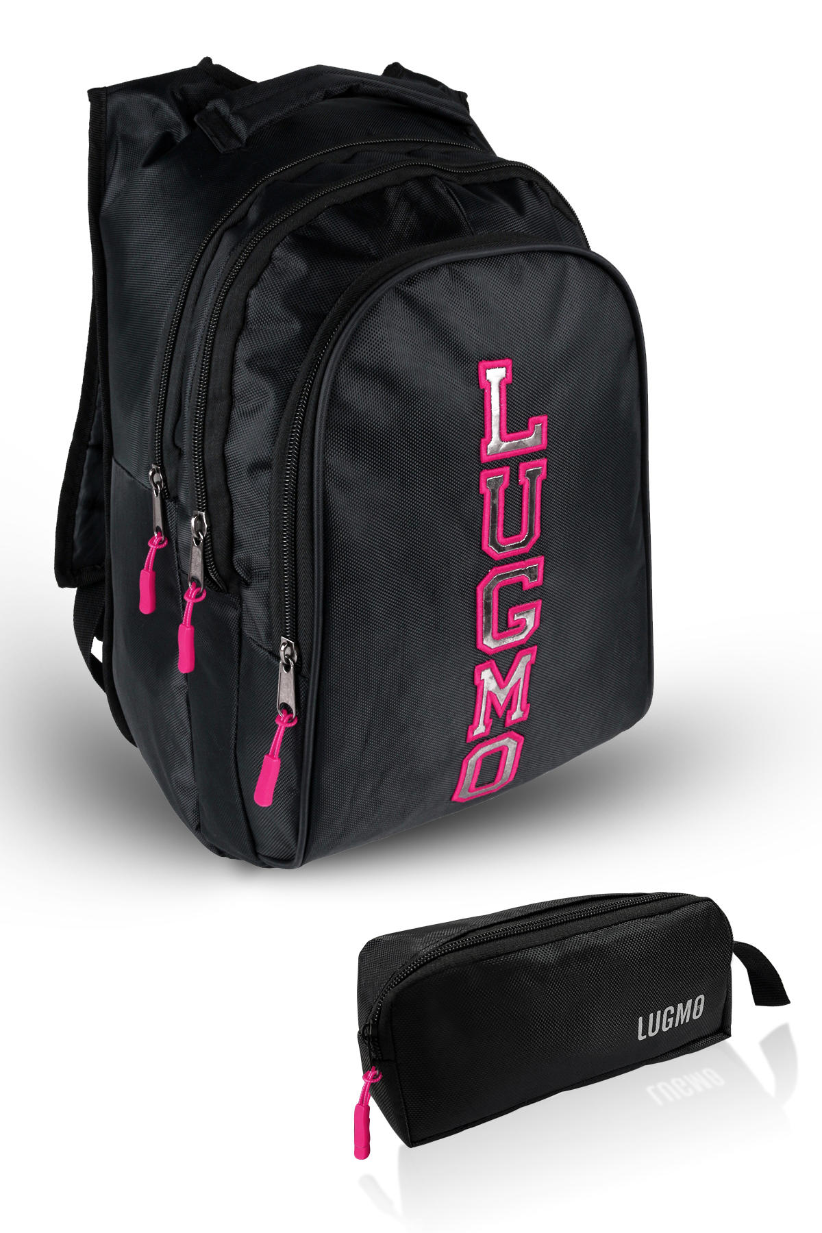 Lugmo Su Geçirmez 3 Gözlü Pembe-Siyah Lise-Üniversite Unisex Sırt Çantası + Kalemlik
