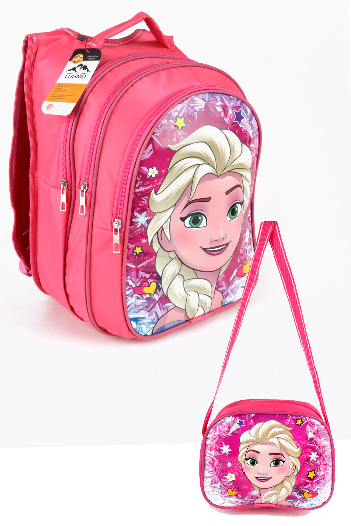 Lugmo Elsa Frozen Su Geçirmez 3 Gözlü Pembe İlkokul Kız Çocuk Sırt Çantası + Beslenme Çantası