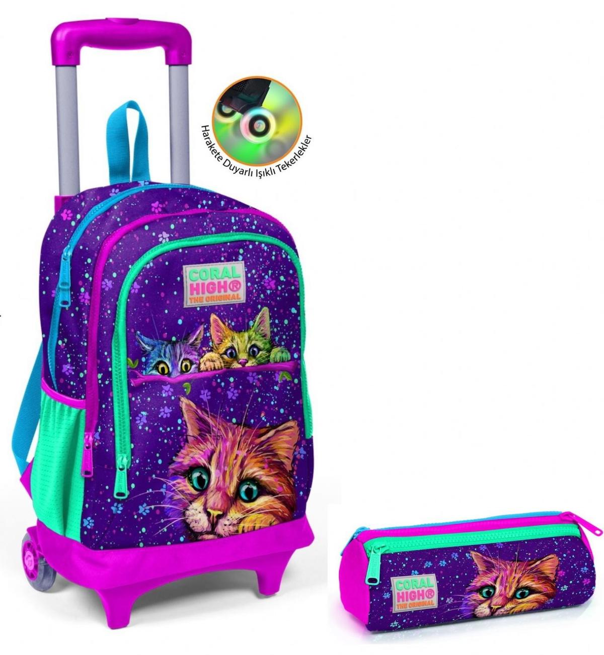 Yaygan Çanta Kids Kedi Hayvan Tekerlekli 3 Gözlü Mor İlkokul Kız Çocuk Çekçekli Çantası + Kalemlik